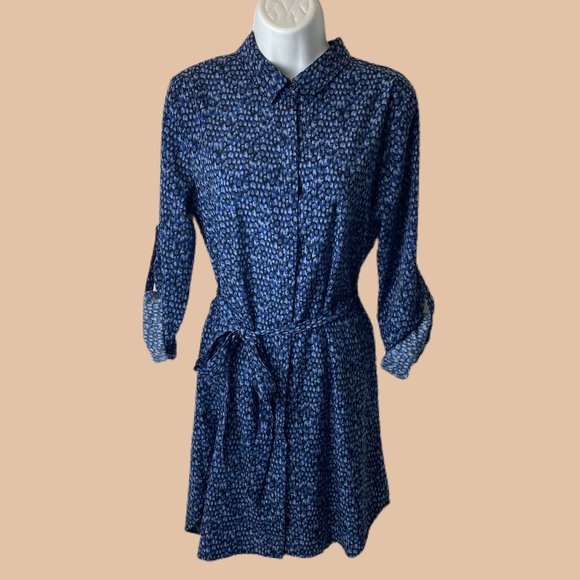 Navy - Abstract Animal Print - Collared Shirt Dress - Picture 1 of 8